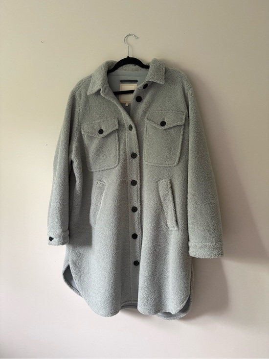 Part Two Jackets & Blazers - Part Two Copenhagen Light Blue/Grey Teddy Fleece Long Shacket Coat- Size 42